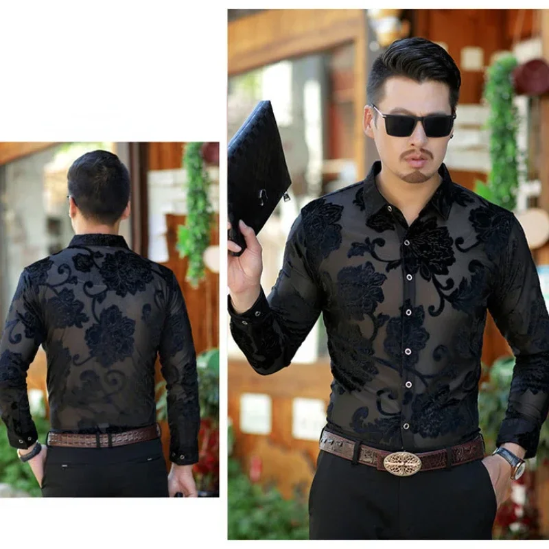 Luxe transparant shirt heren bloemenborduurwerk kanten shirt voor mannen sexy doorzichtige overhemden heren club party prom chemise