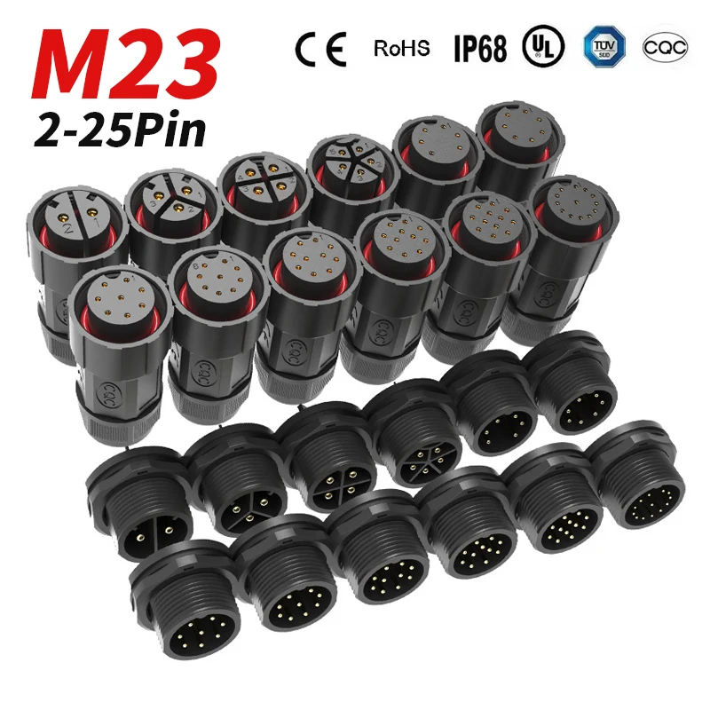 IP68 M23 Welding Avation Plug Socket 2-25Pin Self-locking Panel Front/Rear Cable Connector Male Female Threaded Joint Waterproof