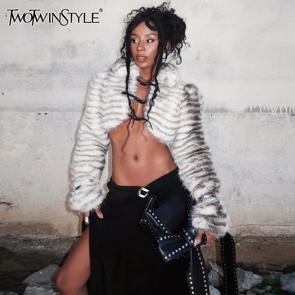 

TWOTWINSTYLE Hot Girl Style Spliced Leather Buckle Coat for Women Stand Collar Long Sleeve Sexy Streetwear Fur Jacket Female New