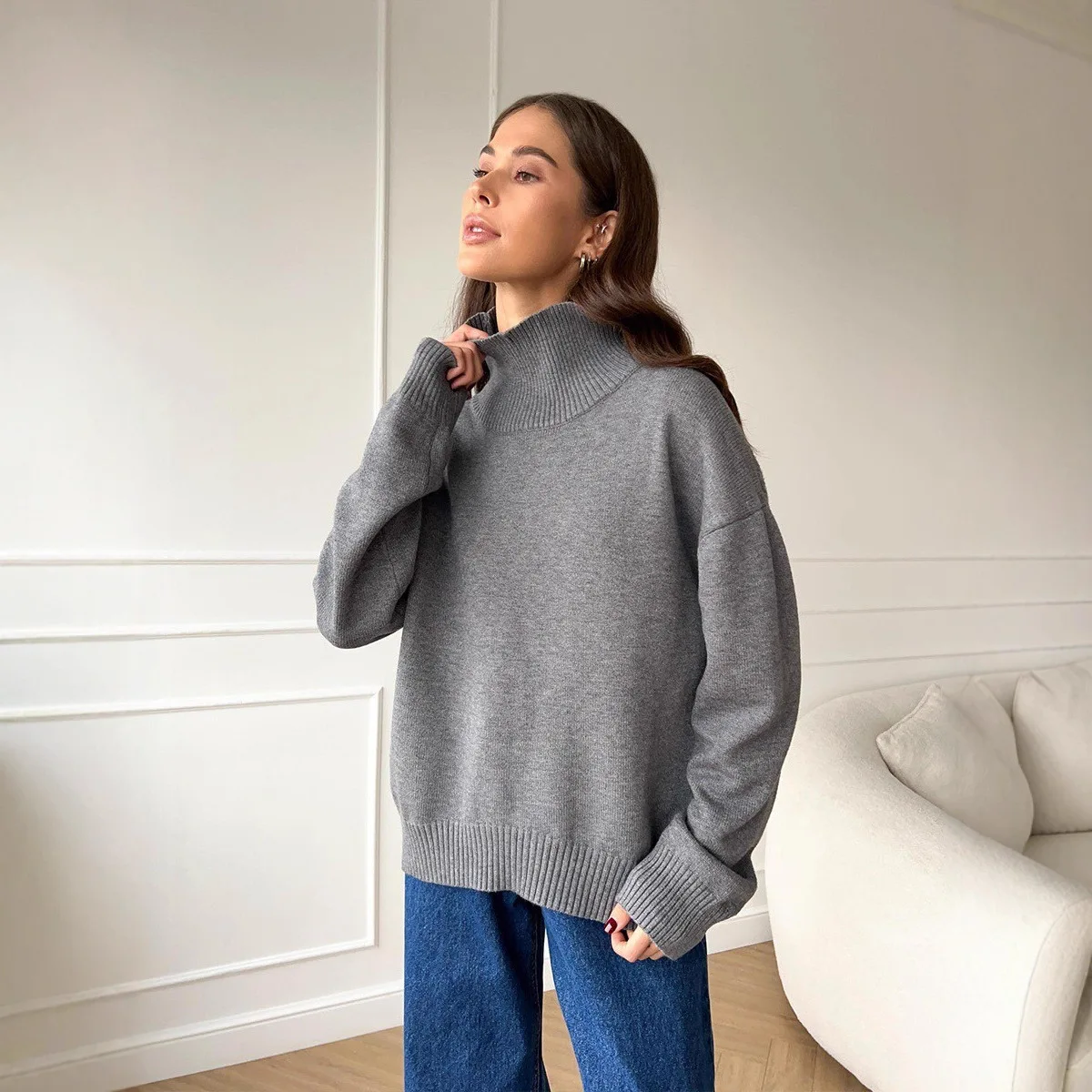 

Autumn Winter Loose High Ne Color Overhead Knitted Sweater Versatile Long Sve Polyester Commute Sle Women's Sweater