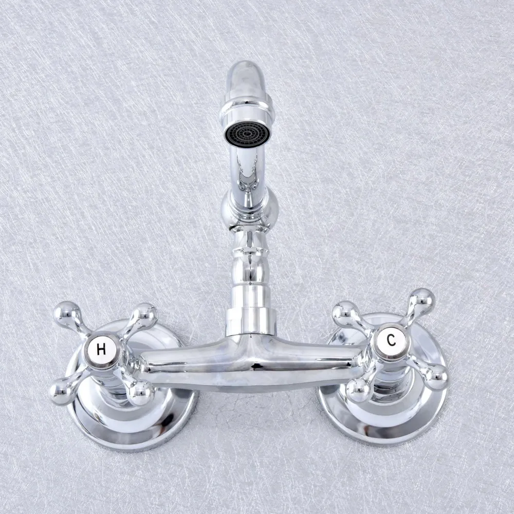Polished Chrome Brass Kitchen Sink Faucet Wall Mounted Double Handle Bathroom Basin Cold And Hot Mixer Tap  Lsf783