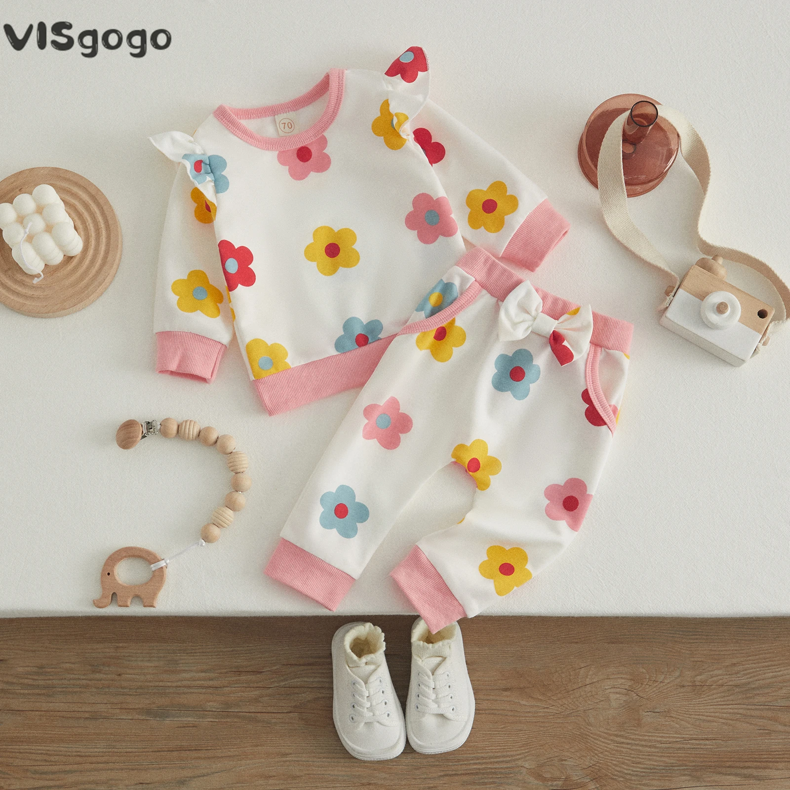 

VISgogo 2Piece Baby Girl Fall Outfits Flower Print Ruffle Long Sleeve T-Shirt + Casual Pants Set for Toddlers 0-24 Months