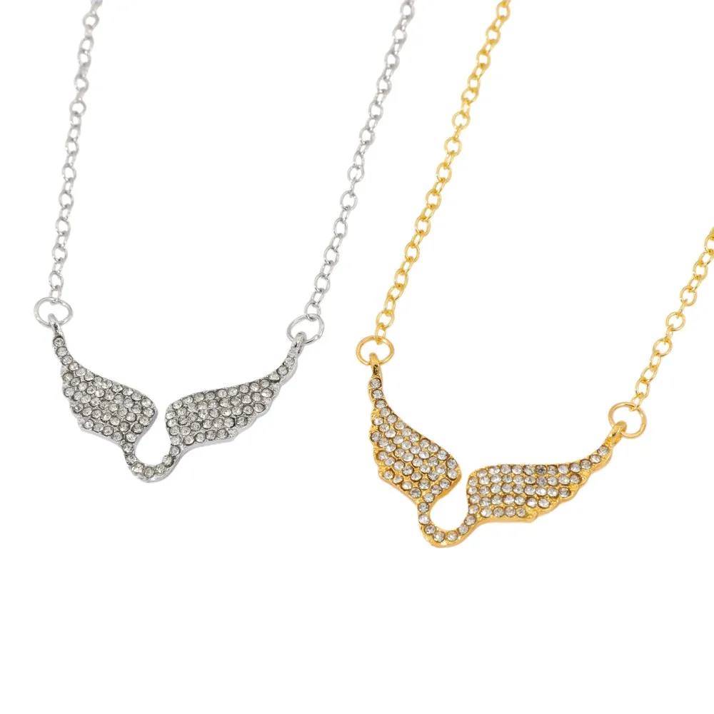 Exquisite fully-paved zircon angel wing pendant necklace, trendy designer accessory for women