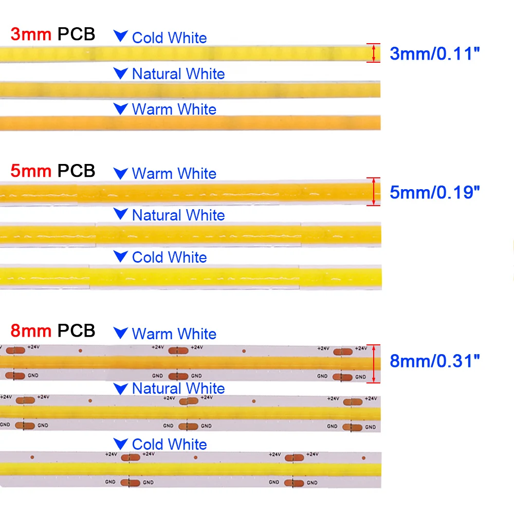 COB LED ストリップライト 5V 12V 24V 320 480 384 528 LED フレキシブルテープ 5 ミリメートル 3 ミリメートル 8 ミリメートル PCB 暖かいナチュラルホワイト高密度リニアライト