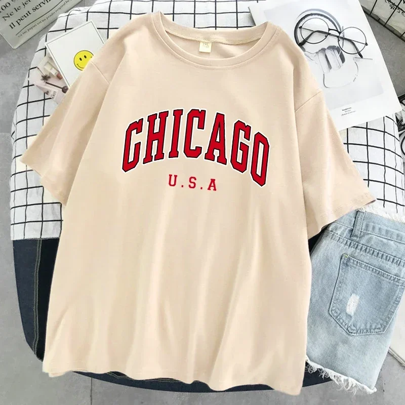 

Chicago Usa City Letter Graphic Print Women T Shirt Street Summer Tshirt Casual Short Sleeve Breathable Cool T-Shirt