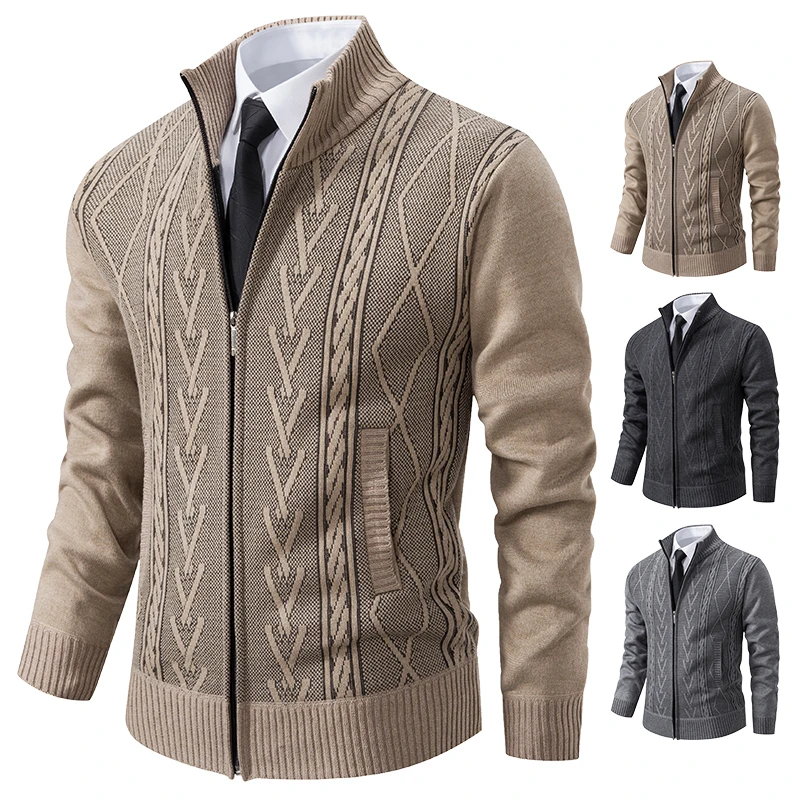 

Korean style trendy cardigan sweater for men, new autumn and winter style, fleece-lined knitted casual jacket.