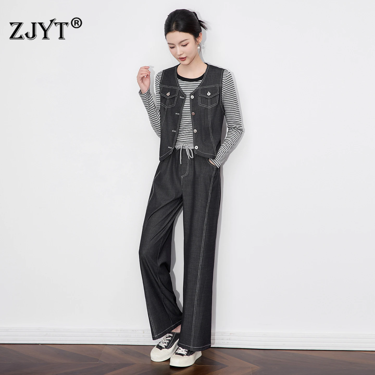 

ZJYT Women's High Street Fashion 3 Piece Matching Set Autumn 2025 New Long Sleeve Striped Top+Vest+Pants Suit Casual Outfit Lady