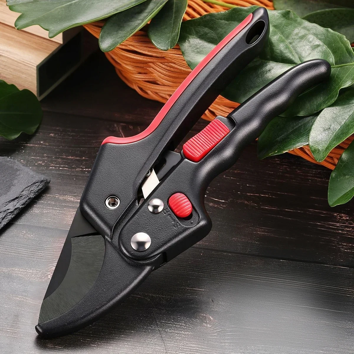 2-in-1 Ratchet Pruning Shears Garden Secateurs with Safety Lock, Teflon-Coated Steel Blade for Branch Cutting