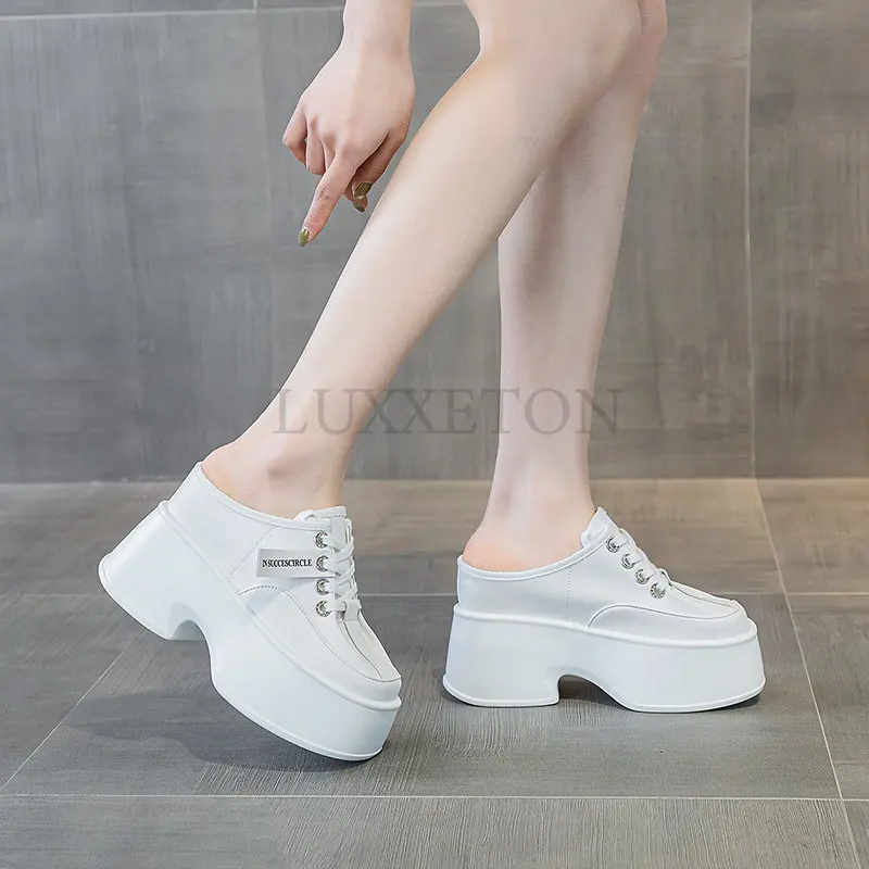 11cm Platform Wedge Casual Punk Genuine Leather Breathable Summer Comfy Chunky Slippers High Brand Fashion Women Shoes