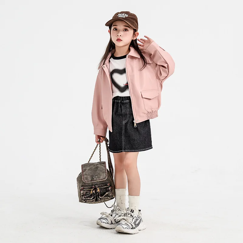 

Весенне-осенняя новая кожаная куртка для девочек, детский стильный короткий топ с лацканами, модный и крутой наряд для девочек