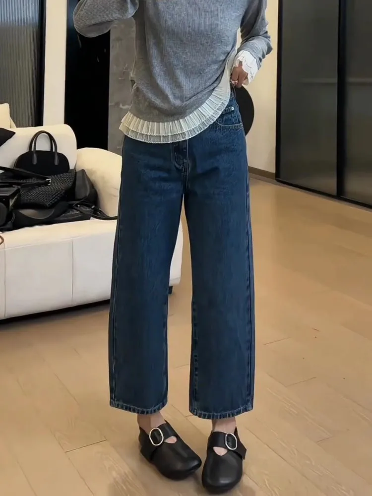 

Утягивающие широкие джинсы с высокой талией. Женские джинсовые брюки из девяти предметов. Новые осенние брюки свободного покроя прямого кроя для грушевидной формы.