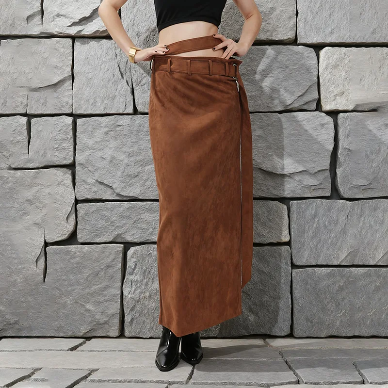 French Style Elegant Vintage Commuter Bodycon Skirts High Waist Belt Slim Fit Slit Temperament Versatile Long Skirt Women Autumn