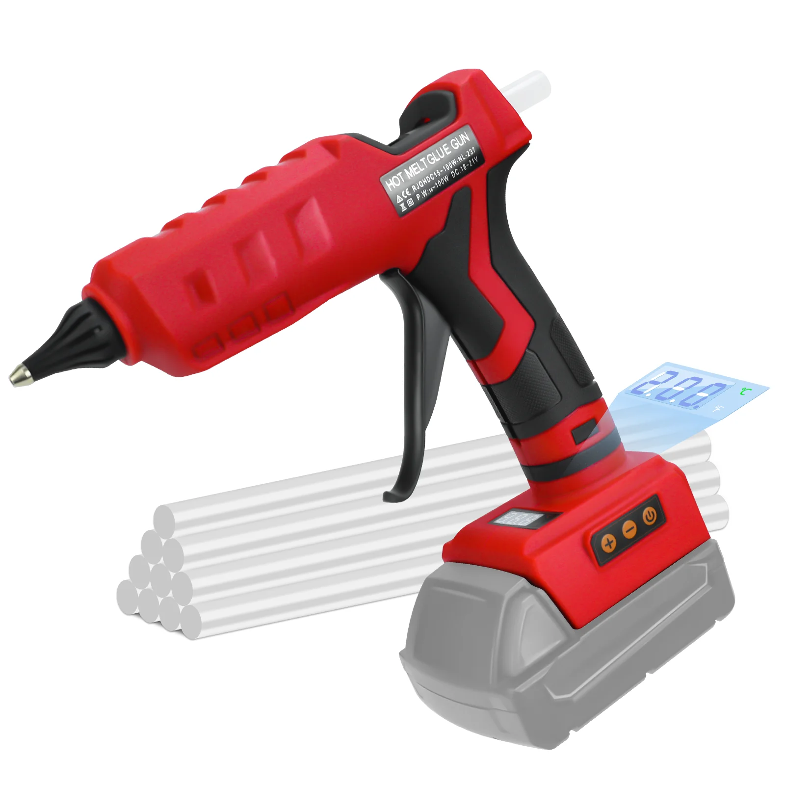 

100W Cordless Hot Glue Gun High Temp Electric Power Glue Gun with 10Pcs 11mm Glue Sticks for Milwaukee 18V Battery (No Battery)