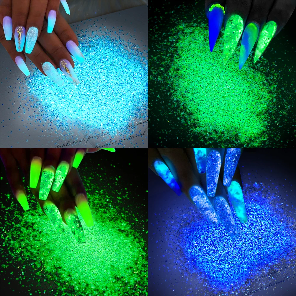 10G Glow in The Dark Glitter Luminous Chunky Nail Art Glitter Mixed Fine Powder Iridescent Hexagon UV DIY Halloween Night