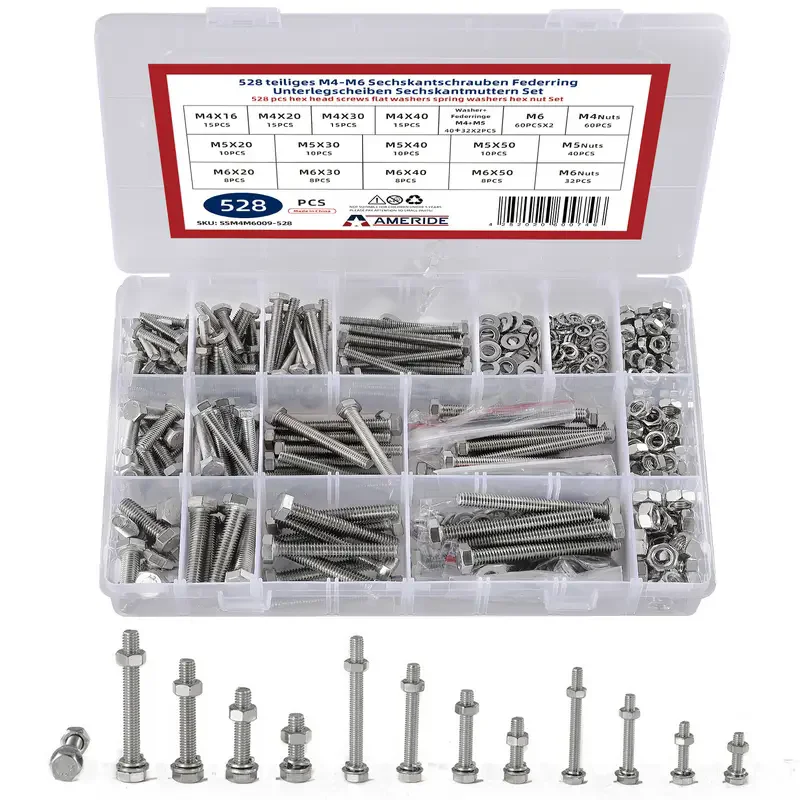 

528pcs M4 M5 M6 Screw Set Hexagon Screws with Nuts, Washers And Spring Washers, Stainless Steel Machine Screws Threaded Screws A