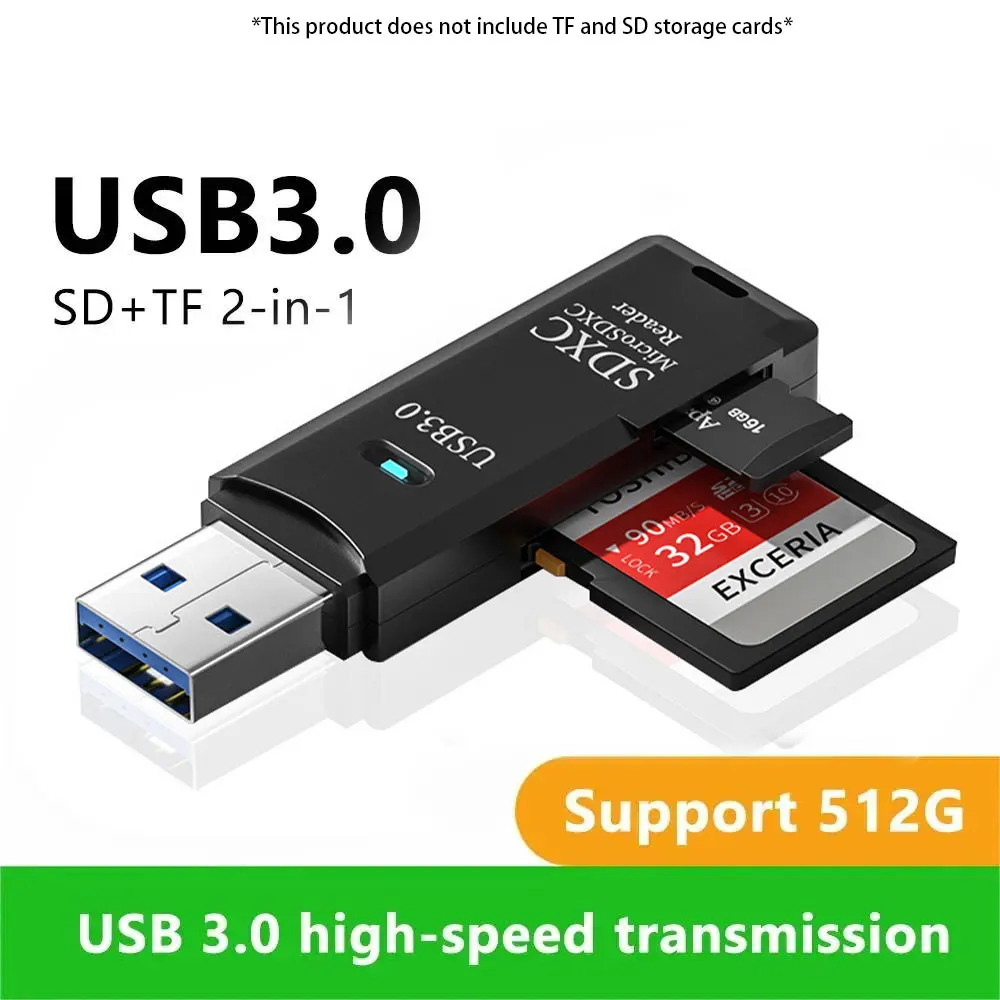 Multi Functional 2-in-1 High-speed USB 3.0/2.0 Card Reader Supports TF+SD Computer, Tablet Camera, Laptop, Car Mounted