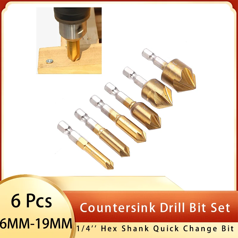 6 buah Set mata bor Countersink dengan casing, mata bor Hex Shank perubahan cepat HSS 5 Flute Countersink 90 derajat Center Punch 6 buah