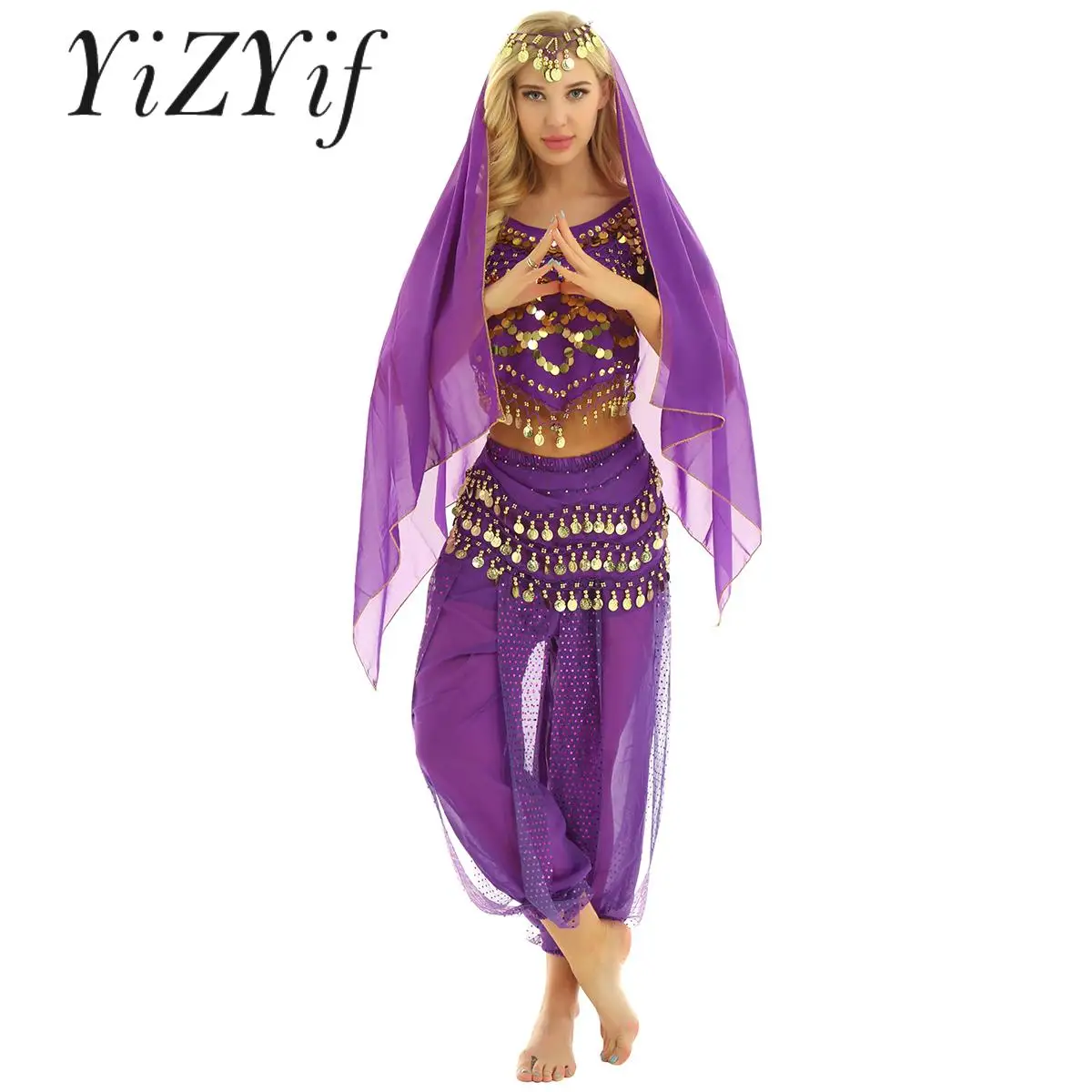 

Women 4Pcs Belly Dance Costume India Folk Dance Outfits Coins Crop Top with Harem Pants Hip Scarf Headscarf Halloween Costume