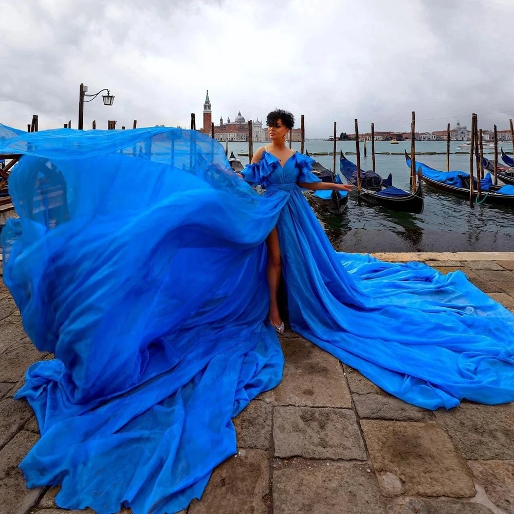 

2026 Dream Blue Flowing Evening Dress Extra Long Train Slit Bridal Photoshoot Dresses Chiffon Perform Photography customized