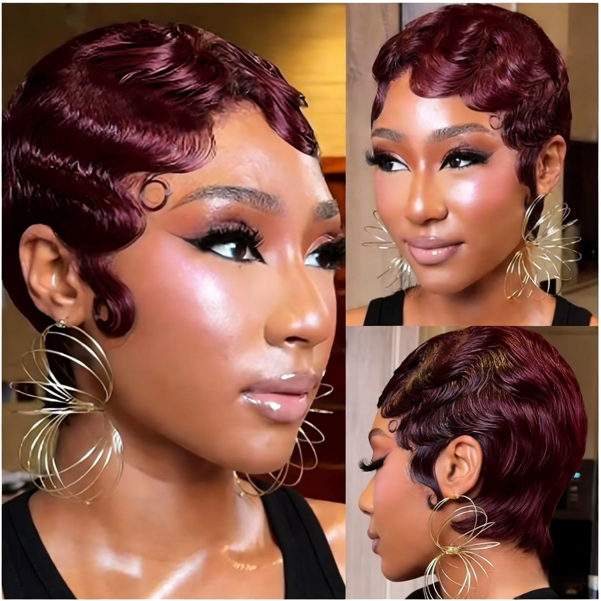 

Короткие парики для женщин из бразильских натуральных волос, с волнистой прической «Ocean Finger Wave», стрижка «пикси», полностью машинной работы, для повседневного использования