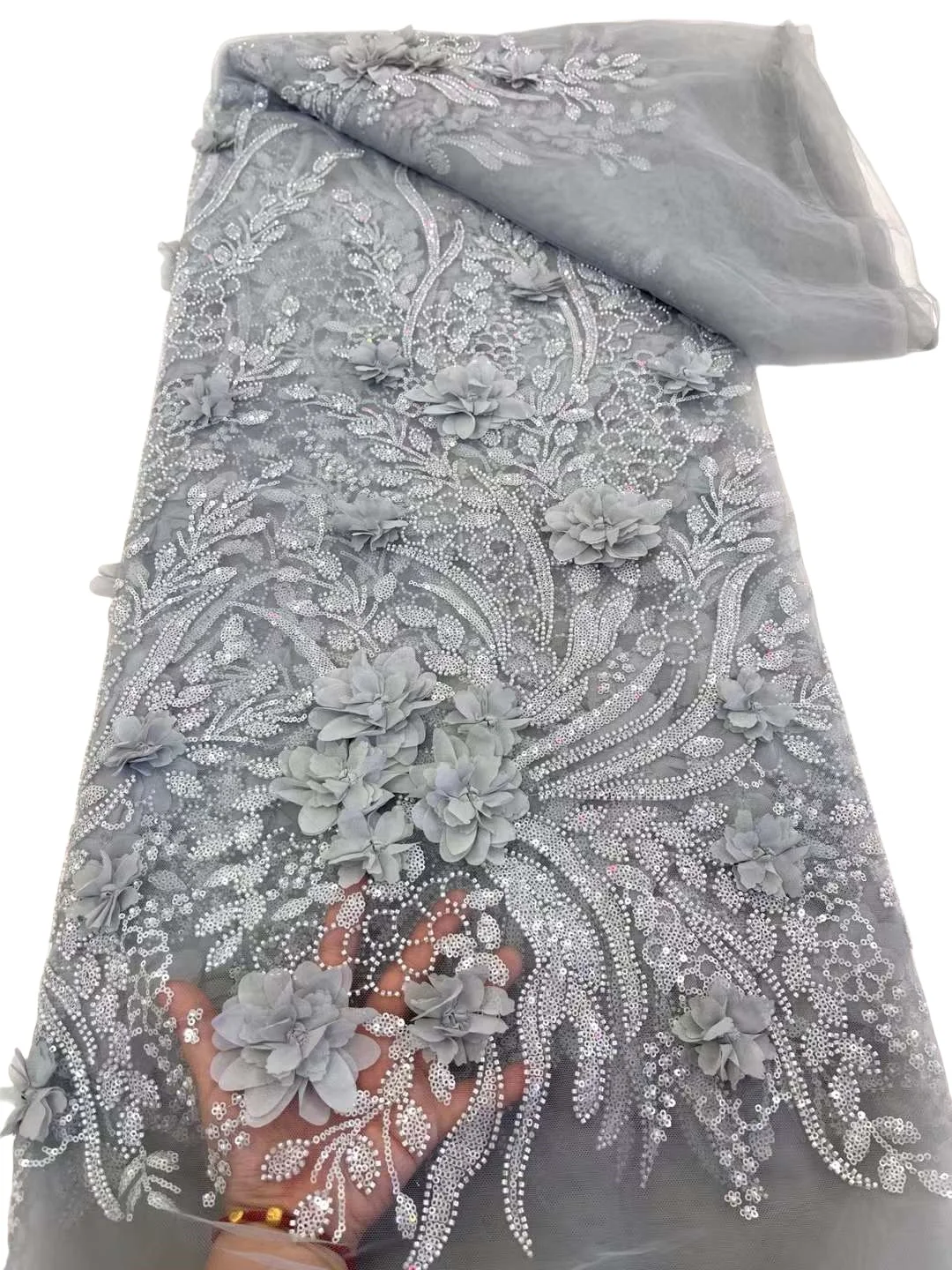 Malha Bordada Macia Tule Renda com Pedras Tecido, Elegante 3D, Melhor Qualidade, Vestido de Festa de Casamento, U _ GE5318, Lotes Pedras, 2022, mais recente