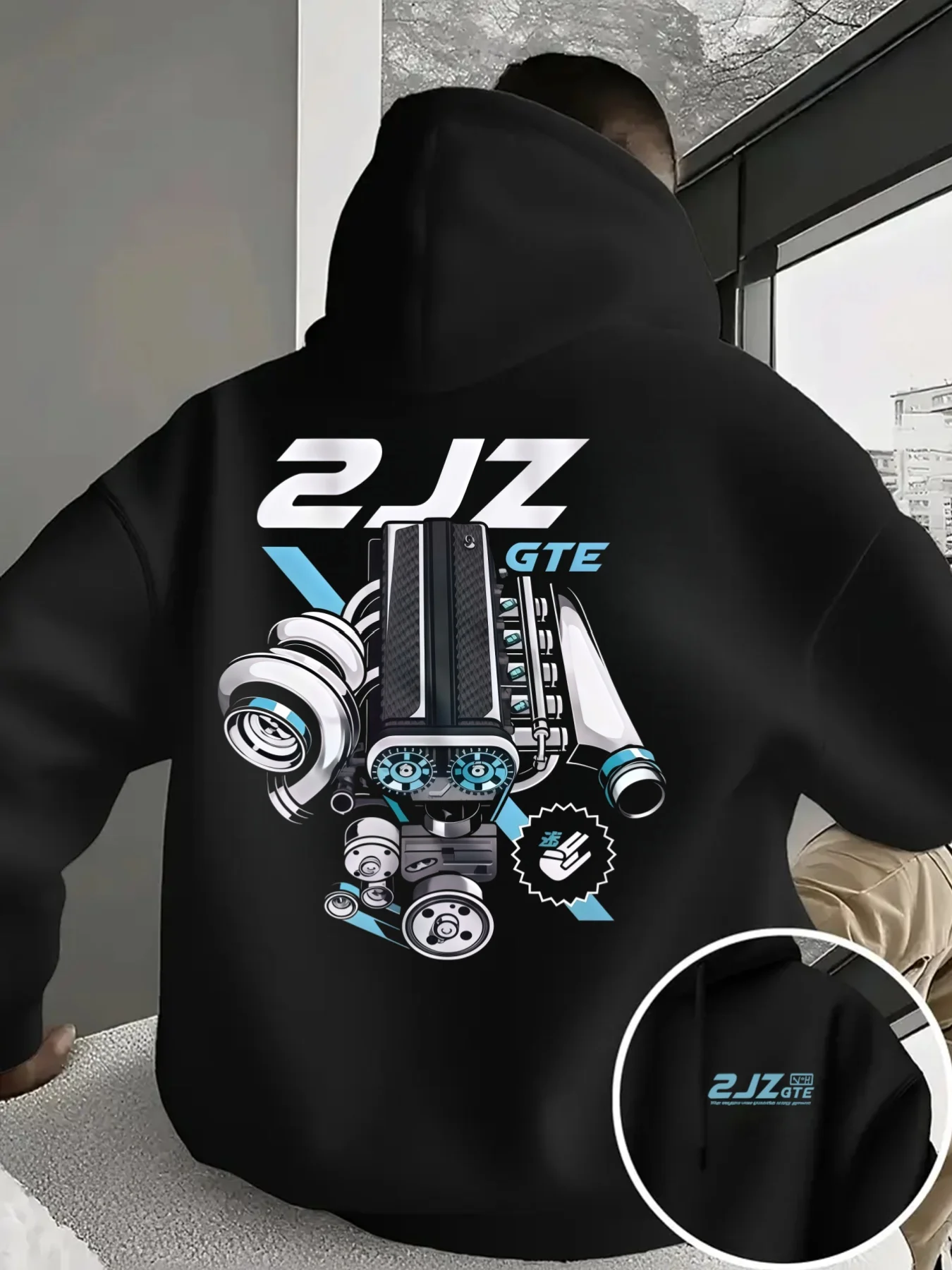 Racing enthusiast's men's casual sport fleece pullover with racing engine assembly pattern and comfortable fit pullover hoodie.