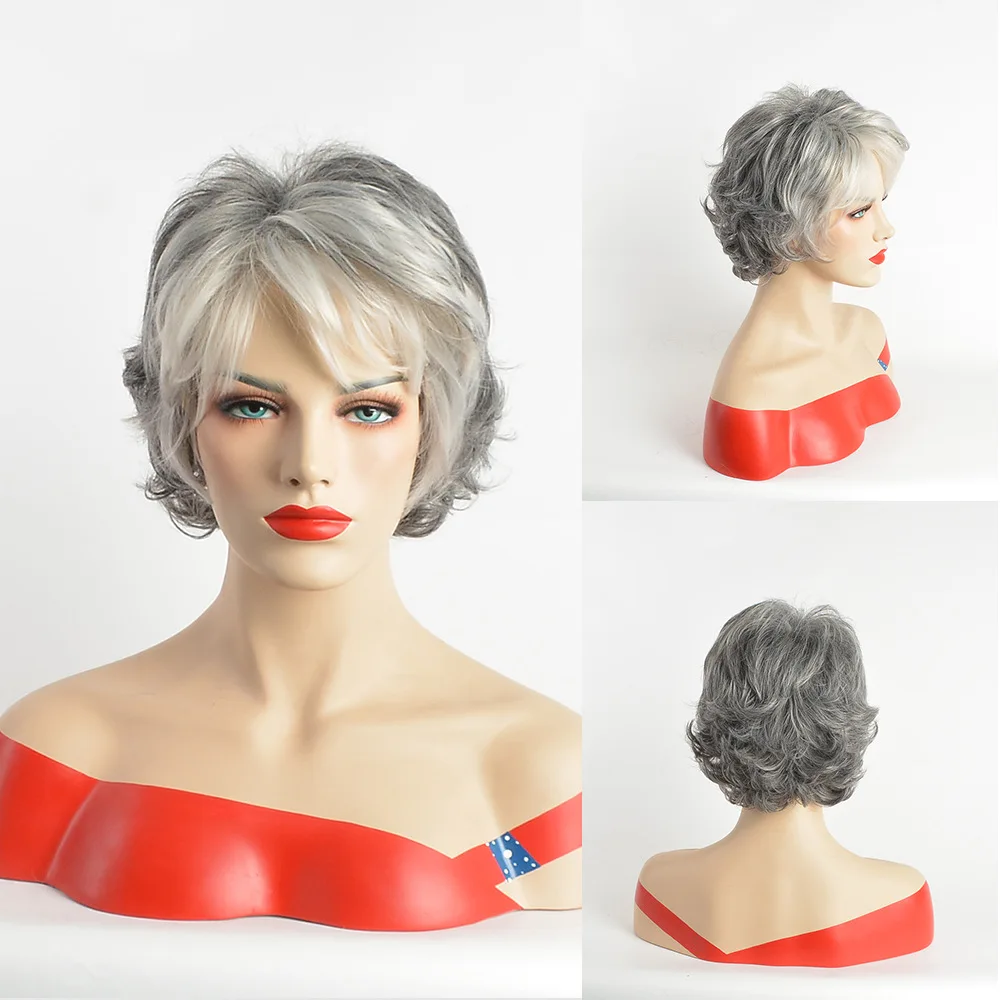 

Женский короткий вьющийся парик для мамы среднего возраста в модном серебристо-сером термостойких синтетических волос для ежедневного использования и вечеринок
