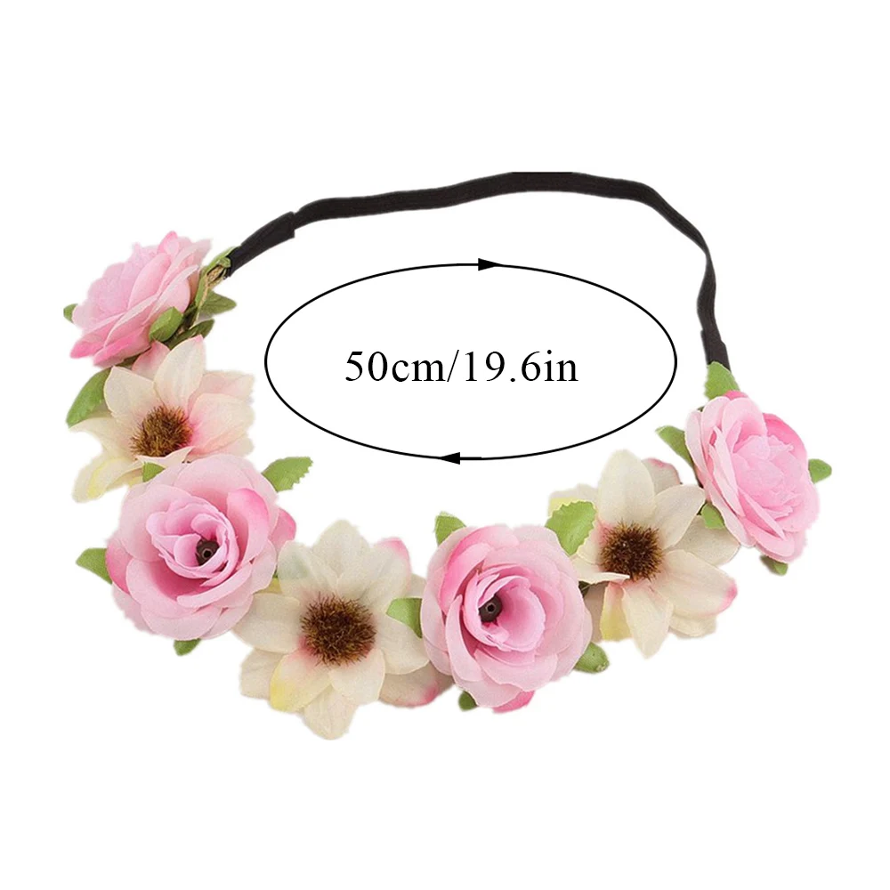 Bohemia Women Rose Flower Headband with Adjustable Ribbon Wreath Crown Floral Wedding Hair Garland for Activities Party Headwear