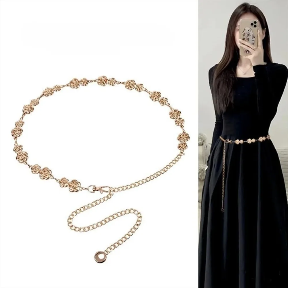 سلسلة الخصر المعدنية العصرية متعددة الاستخدامات ​   الذهب/الفضة قابل للتعديل ​ حزام زهرة الورد ​   الرجعية ​ سلسلة التنورة الزخرفية ​   للنساء