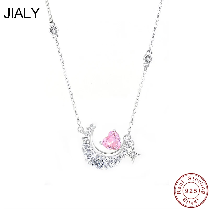 JIALY European Pink CZ Moon Heart S925 Sterling Silver Necklace Chain For Women Birthday Party Gift Wedding Jewelry