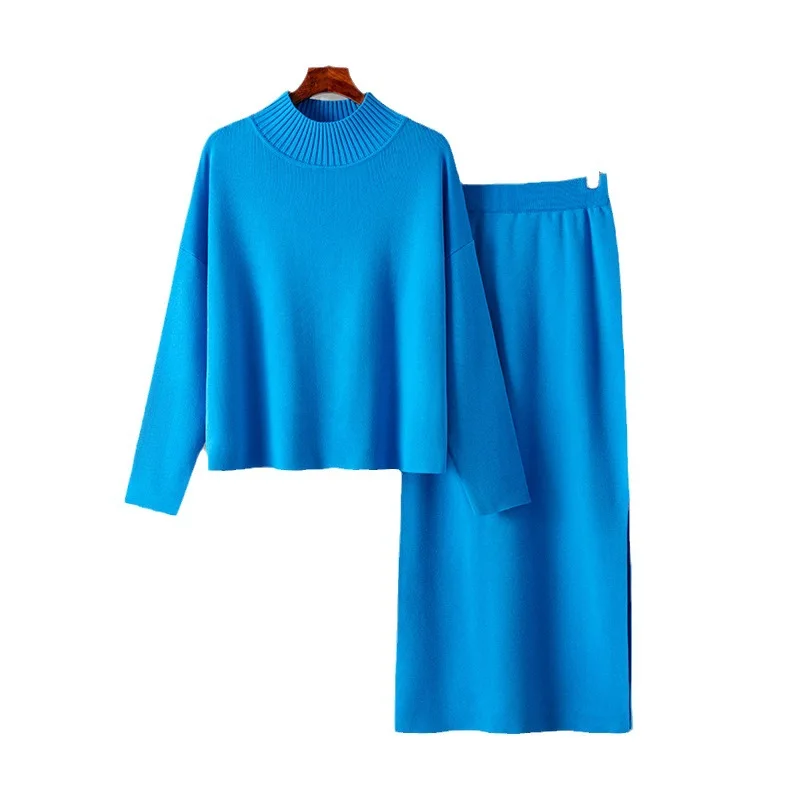 Fashion Elegant Knitted Skirt Two Piece Set Women Temperament Pullover Sweater Knitwear Package Hip Slit Skirts 2 Piece Sets New