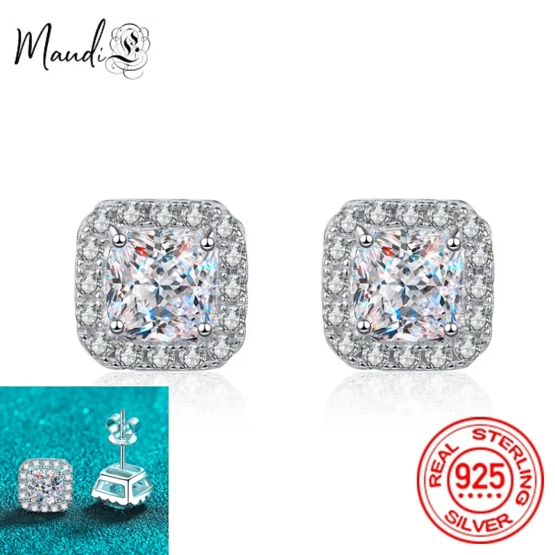 

1-2CT Full Moissanite Earrings For Women Men Cushion Cut Halo Lab Diamond Stud Earring18K Gold Plated Fine Jewelry