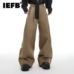 IEFB Solid Color Men's Suit Pants Casual Metal Rivets Korean Style Elastic Waist Straight Wide Leg Loose Male Bottom 24E2171