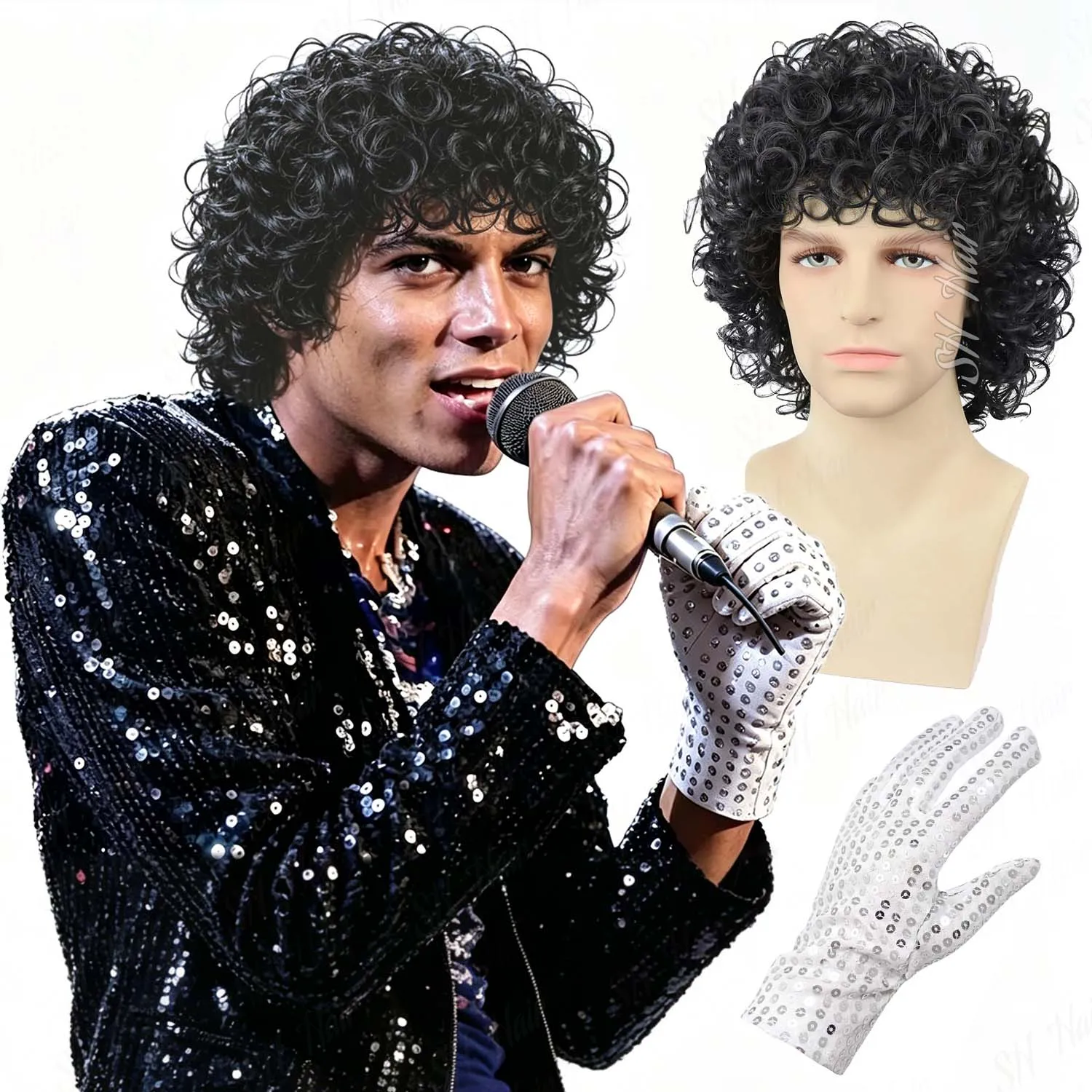 Peruca Sintética Masculina Preta Estilo Mullet + Luva, Curta Cacheada Anos 70 80, Peruca de Estrela Rocker Punk para Festa, Halloween, Uso Diário, Peruca Cosplay Michael Jackson