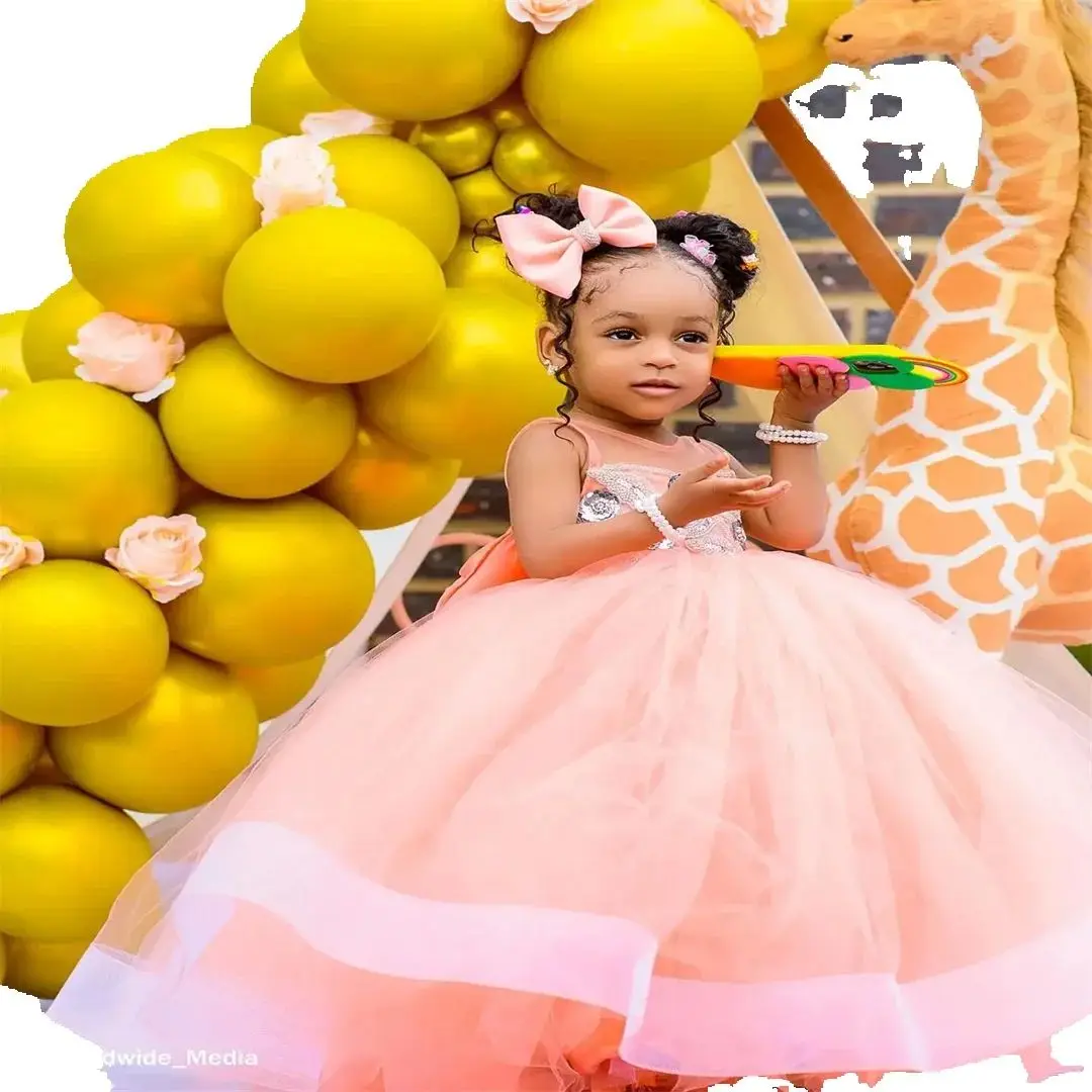 Vestidos personalizados para meninas, pêssego, rosa, flor, para casamento, crianças, festa de aniversário, frisado, gola joia, tule, vestidos de baile para crianças