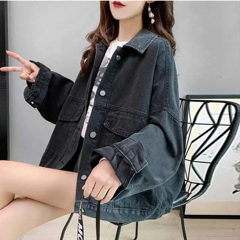 Jaket Denim hitam longgar kasual 2024 jaket Jeans kebesaran pacar wanita jaket jins bordir huruf pakaian jalan pakaian luar wanita