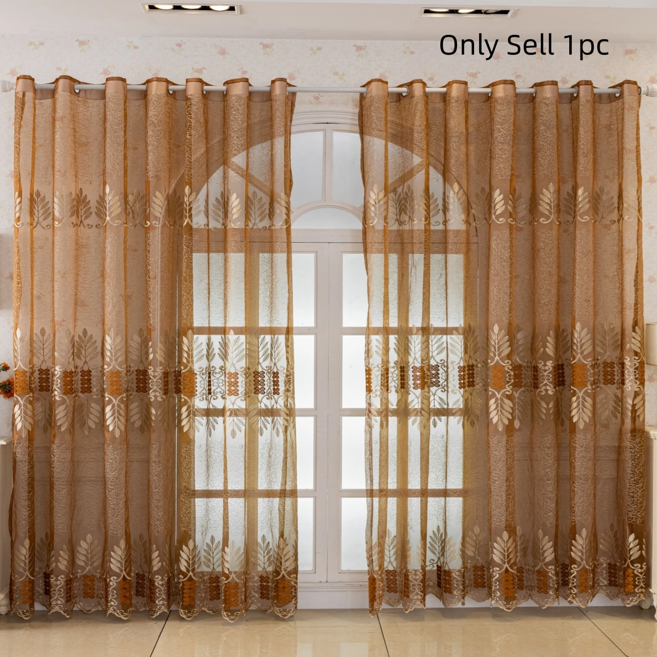 1pc American Farmhouse Warm Brown Sheer Curtains, Ornate Vine Embroidery, Grommet Top