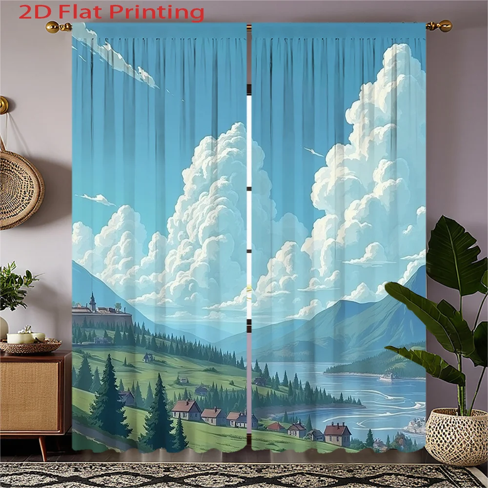 Scenic Landscape Curtains 2pcs – Mountain Lake with Village, Blue Sky & Green Trees, Velvet Rod Pocket Home Decor