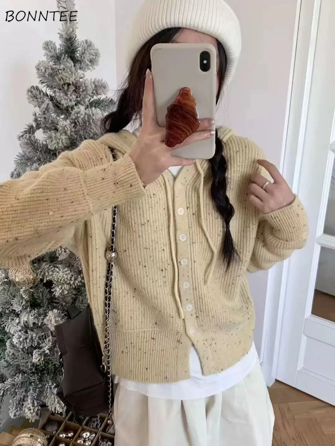 

With Hat Cardigans Women Loose Knitted Autumn Winter Hooded Coats Button-up Lazy Cozy Soft Simple Girls All-match Korean Fashoin