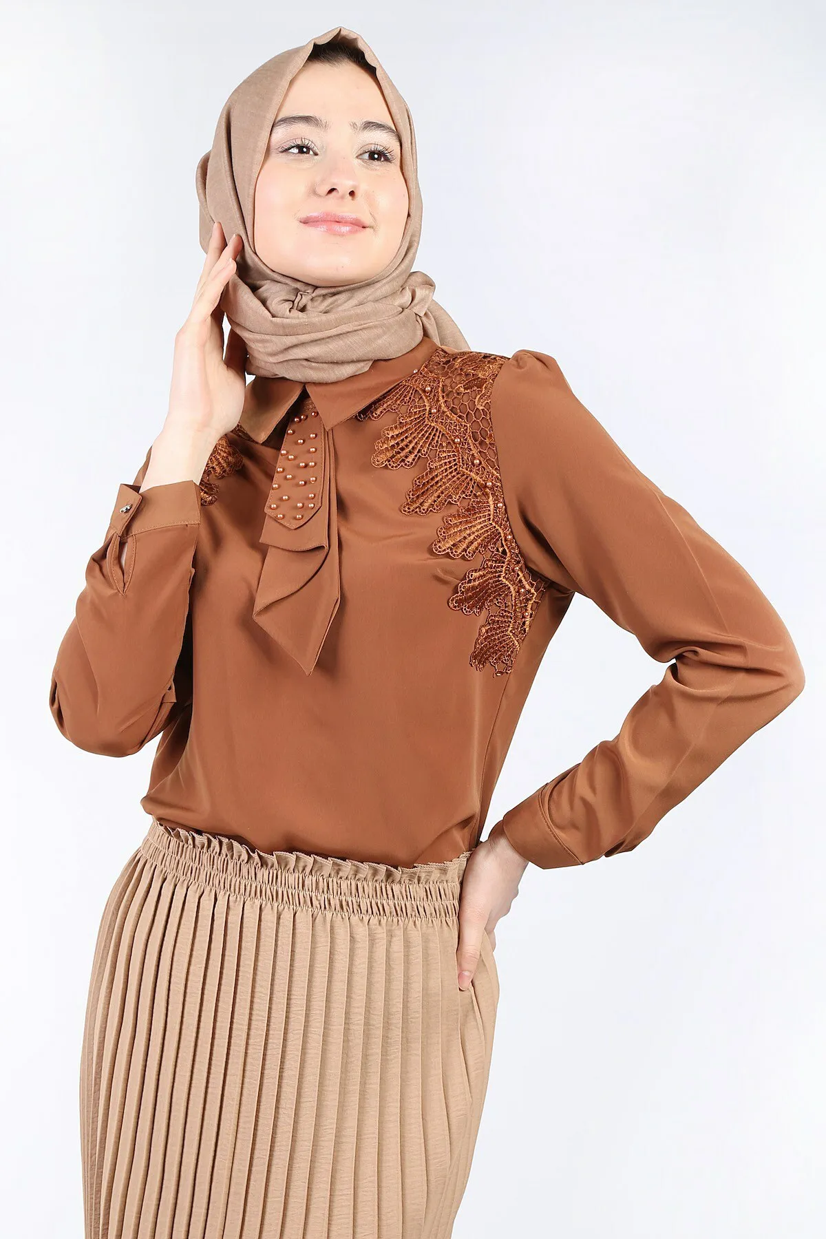 Lace Pearl Blouse-Tan