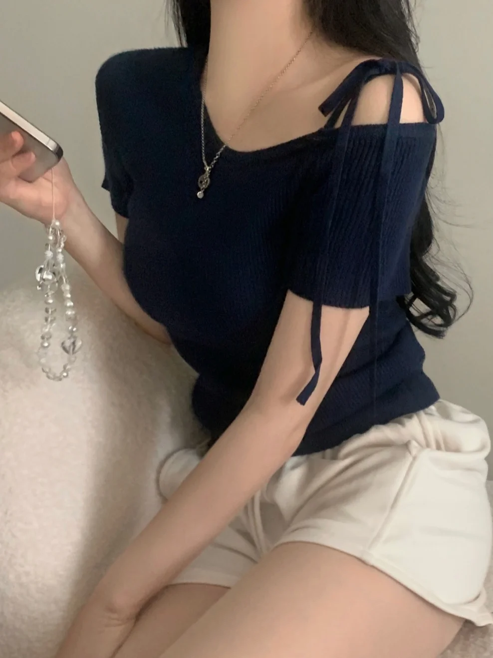 

Chic Summer Design U-oulder Tie-Waist ort-Sve Knitwear Women's Slimming Sle Trendy Small-Batch Design Ladies' T-irt