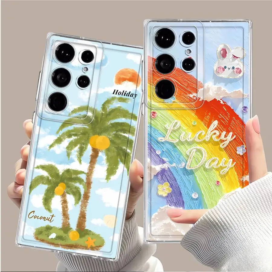 Cartoon Rainbow Coconut Tree Case for Samsung Galaxy S26 Note 20 Ultra 10 S21 S22 FE S20 Plus S25 Edge S24 S23 Ultra Phone Cover