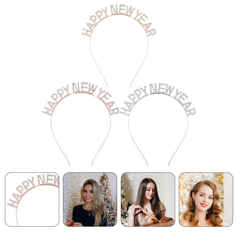 3Pcs New Year Rhinestone Hairbands Happy New Year Headbands Party Hair Booth Props Lightweight Comfortable