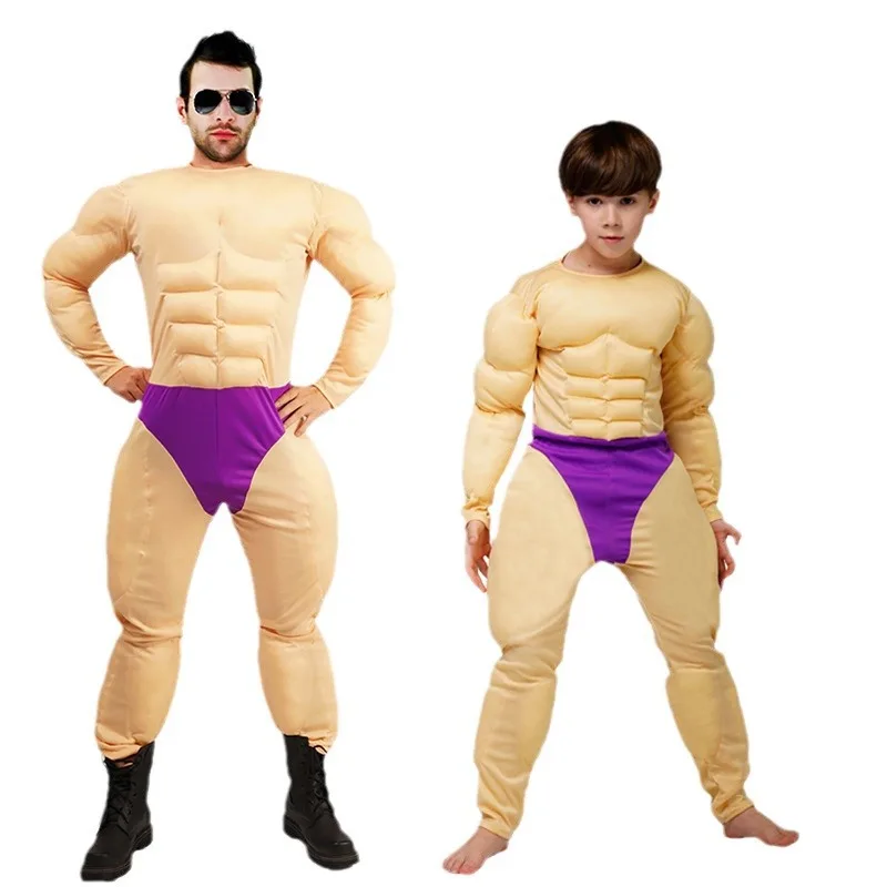 Funny Adult Children Muscle Suit Muscle Man T-Shirt Halloween Role Play Fake Abs T-Shirt Party Costumes