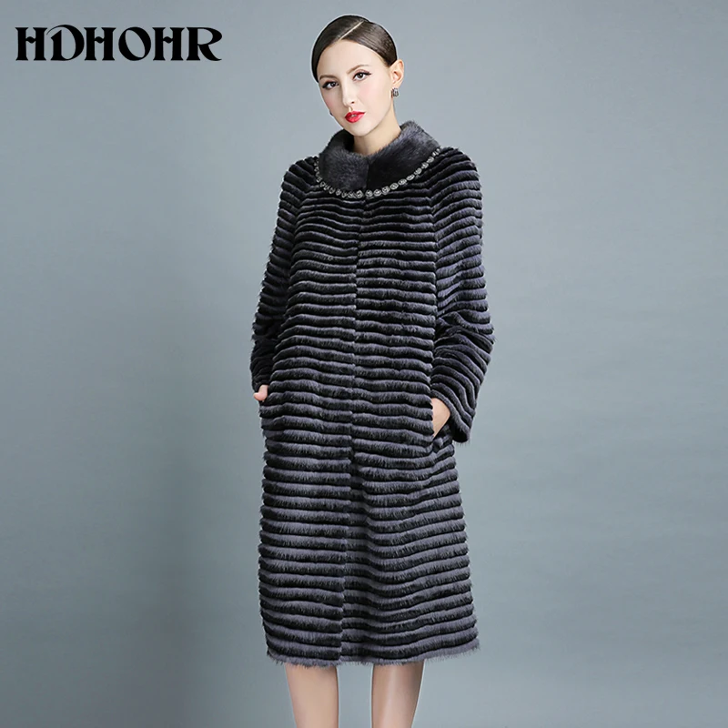 HDHOHR 2024 High Quality Natural Mink Fur Coat Women Winter Warm Fox Fur Decorate Knitted Real Mink Fur Jacket Fashion Female