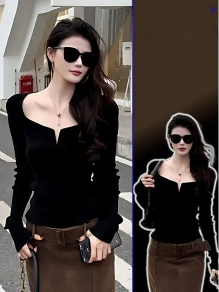 

Женский трикотажный топ больших размеров с V-образным вырезом и длинным рукавом, облегающий базовый слой, весенняя новинка, комфортный, теплый, модный