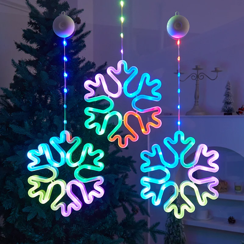 Warm/Multi-color Christmas Window Snowflake Lights, 8/12 Lighting Modes, Battery Powered LED Neon Hanging Lamp for Xmas Holiday