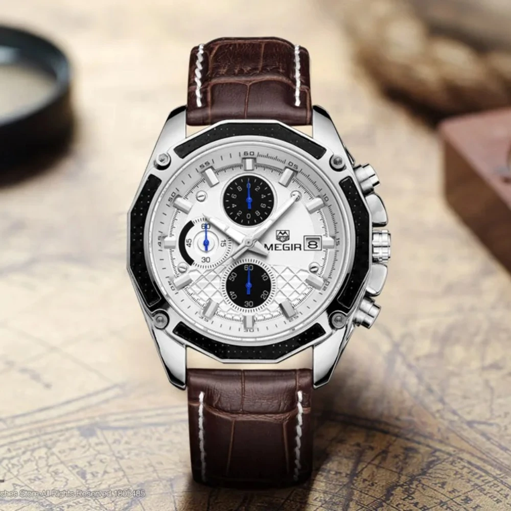 MEGIR 2015G Luxus Quarz Herrenuhr Multifunktionsgürtel Wasserdicht Leuchtkalender Chronograph Uhren für Männer reloj hombre