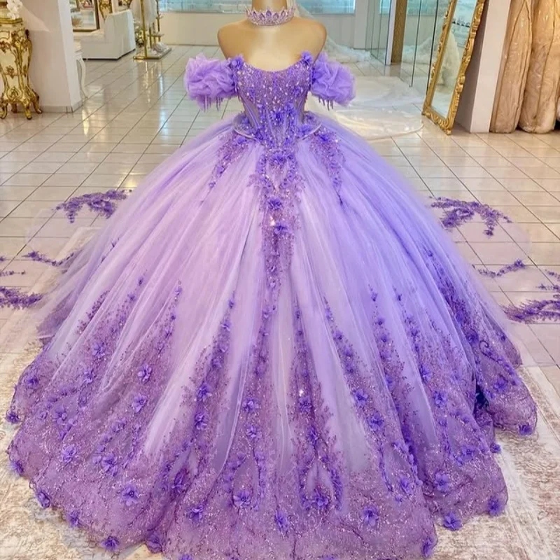 

Shiny Purple Quinceanera Dress off-shoulder Glitter 3D Flower Crystal Decal Long tail Bow Vestidos De 15 Quinceanera ﻿Customize