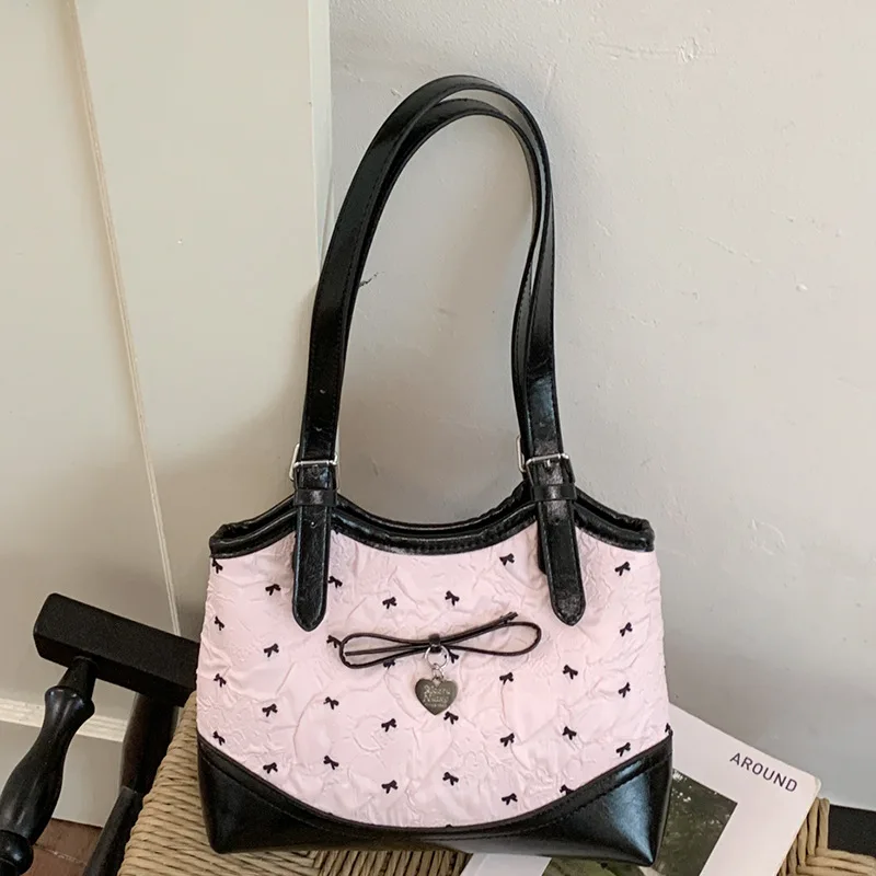 

Sweet Bow Plaid Women's Shoulder Bags Large Capacity Patchwork Design Ladies Casual Tote Bag Textured College Student Handbag